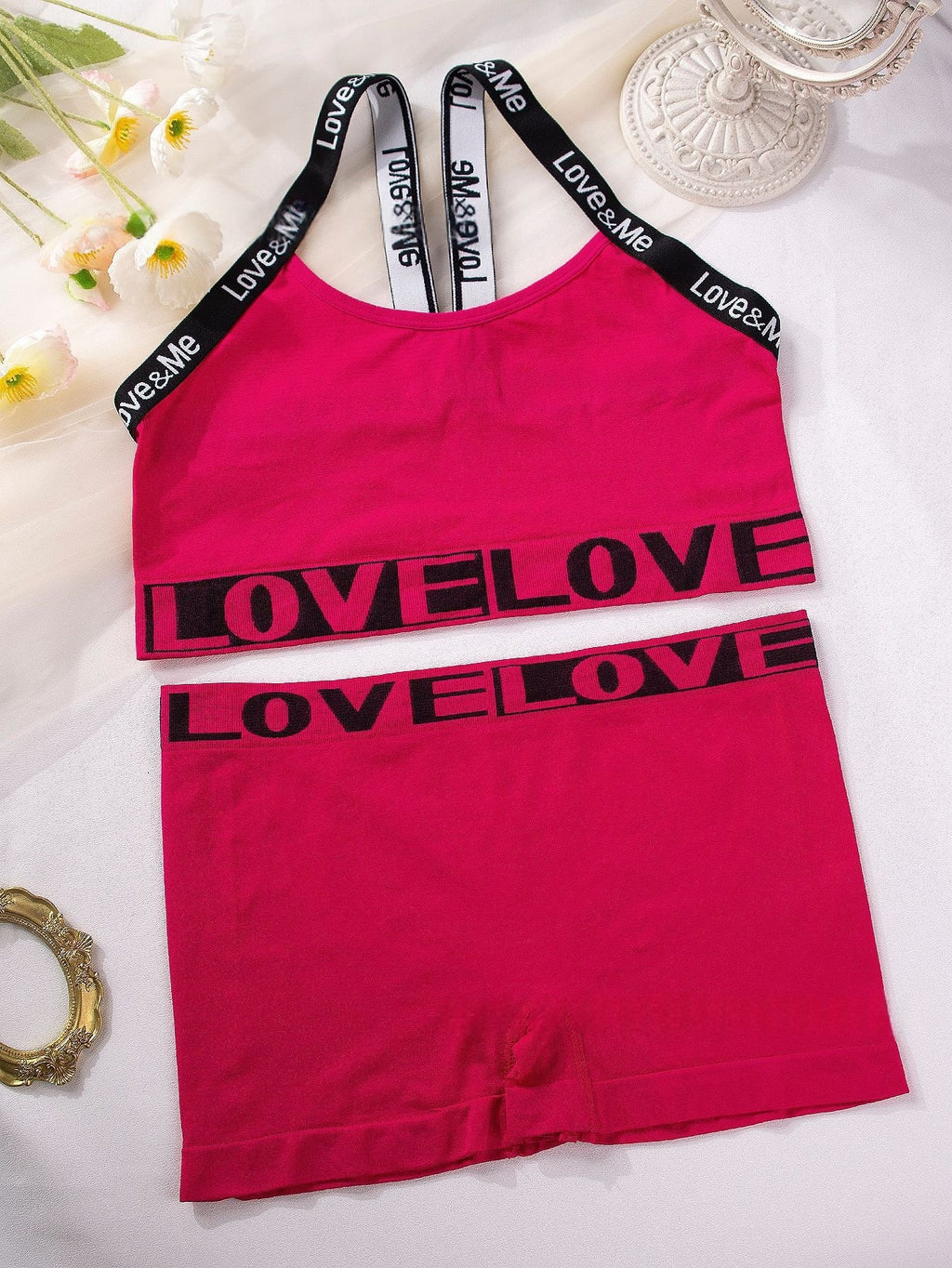 Women's Letter Print Beautiful Back Camisole Bra Set
