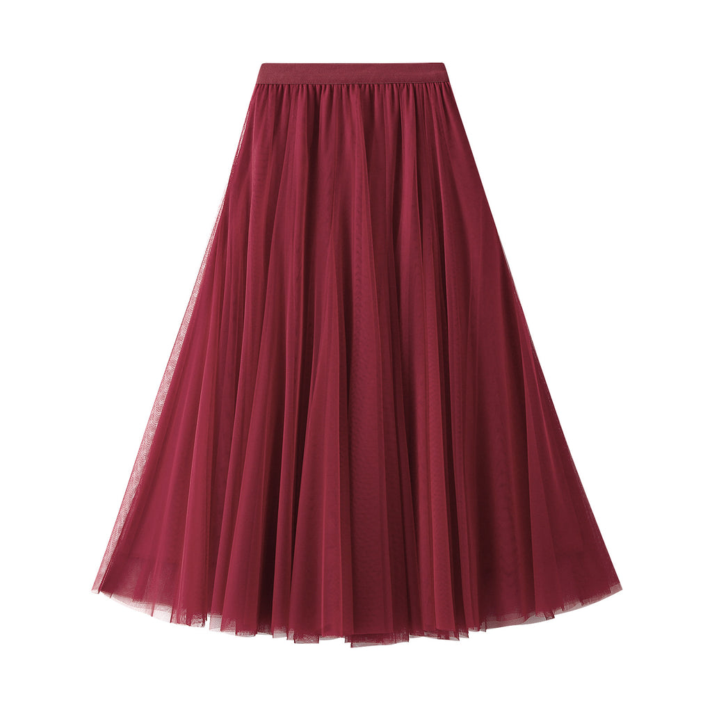 New Autumn And Winter High Waist Mid-length Tulle Skirt Pleated Skirt
