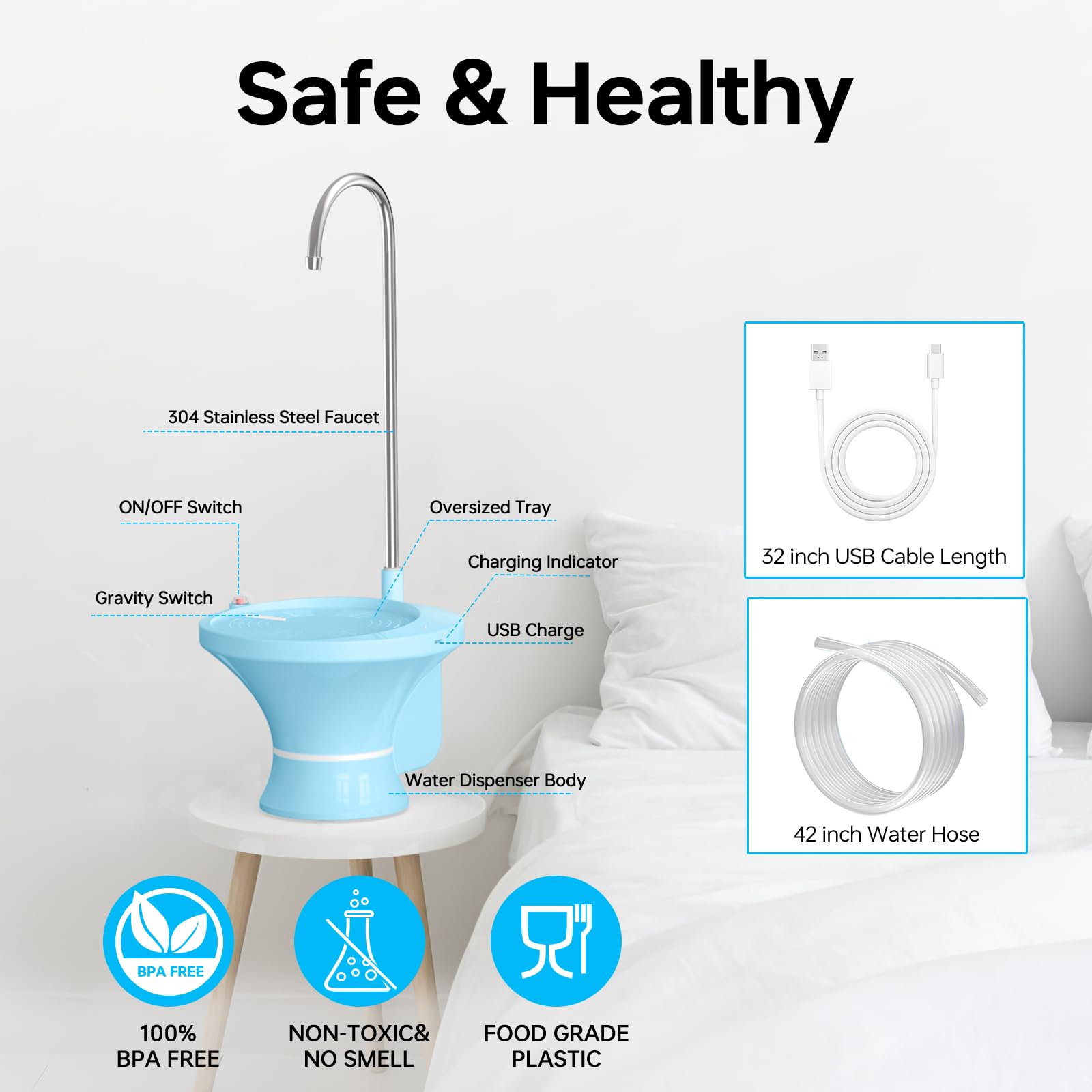 Water Dispenser for 5 Gallon Bottle, Electric Drinking Water Bottle Pump for 2-5 Gallon Jugs, USB Rechargeable Water Pump with 2 Switch Control for Home, Office, Camping