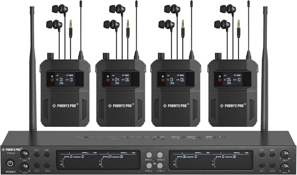 Phenyx Pro Quad-Channel Wireless in Ear Monitor System, Mono IEM System w/ 4 Bodypacks, 4x25 UHF Frequencies, Rack Mount, 164 ft Range, Wireless in Ear Monitor for Bands/Studio (PTM-33-4B)