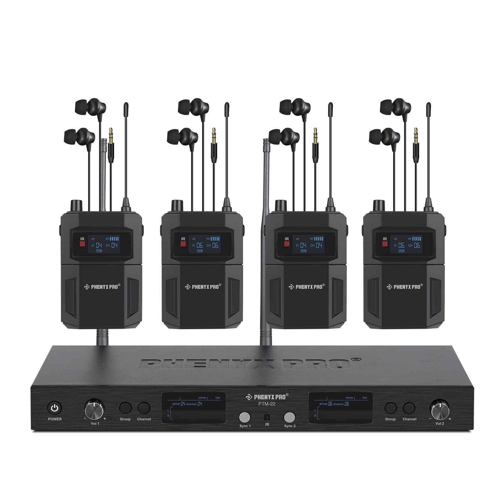Phenyx Pro UHF Mono Dual Wireless in-Ear Monitor System, Metal Wireless IEM System, Sturdy Bodypack Receiver, 2x50 Frequencies, Separate Outputs,164ft Operation, Suitable for Band and Studio (PTM-22)