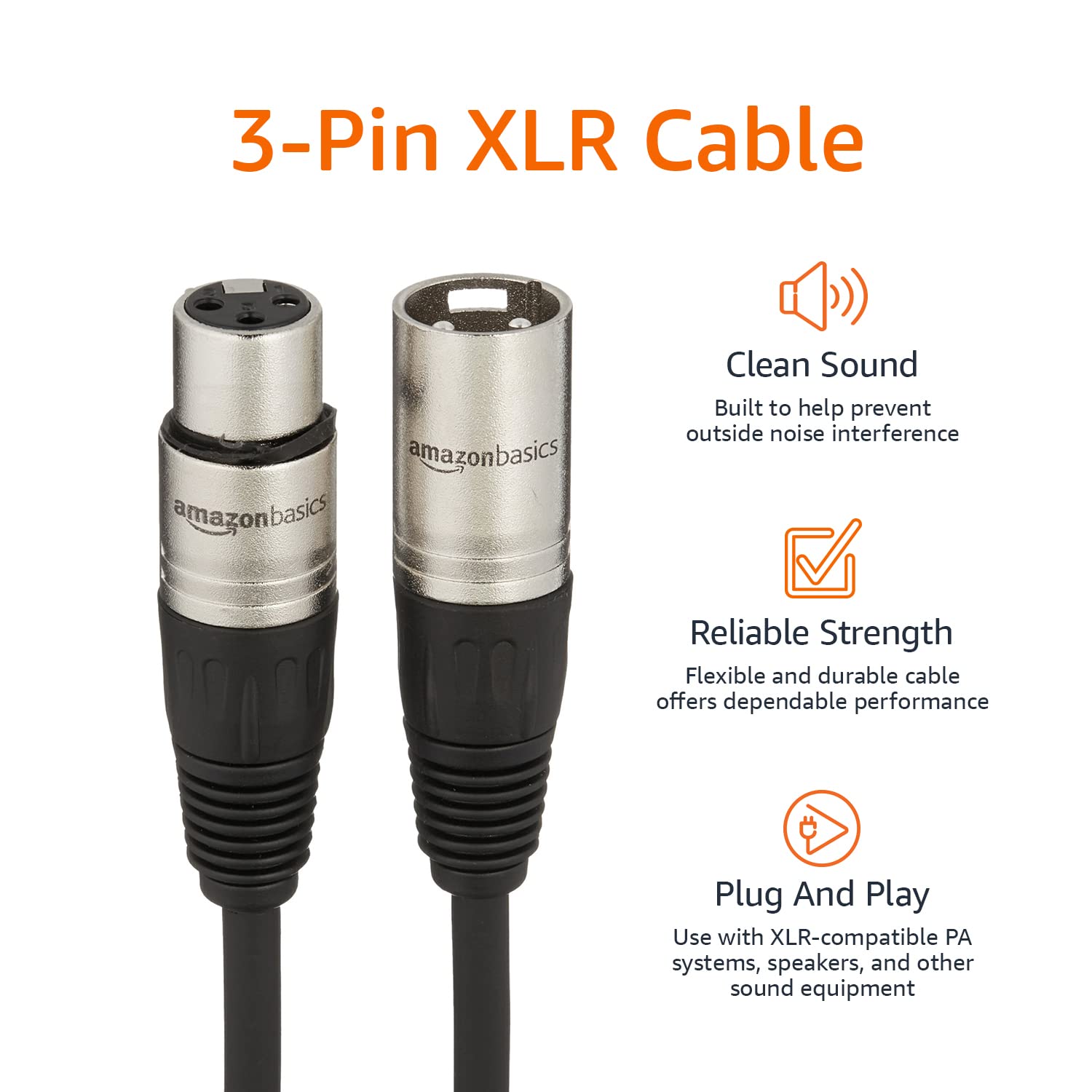 Amazon Basics XLR Male to Female Microphone Cable for Speaker or PA System, Recording Studio, All Copper Conductors, Low Noise Shielding, 6MM PVC Jacket, 6 Foot, Black