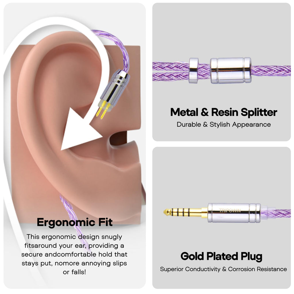 Linsoul Tripowin Zonie IEM Cable, 16 Core Silver Plated Earphone Upgraded Cords, 1.25m SPC in Ear Monitor Cable for 7hz Zero:2 Orchestra Lite Cadenza Hype4 Supermix4(2pin 0.78mm, 3.5mm)(Violet)