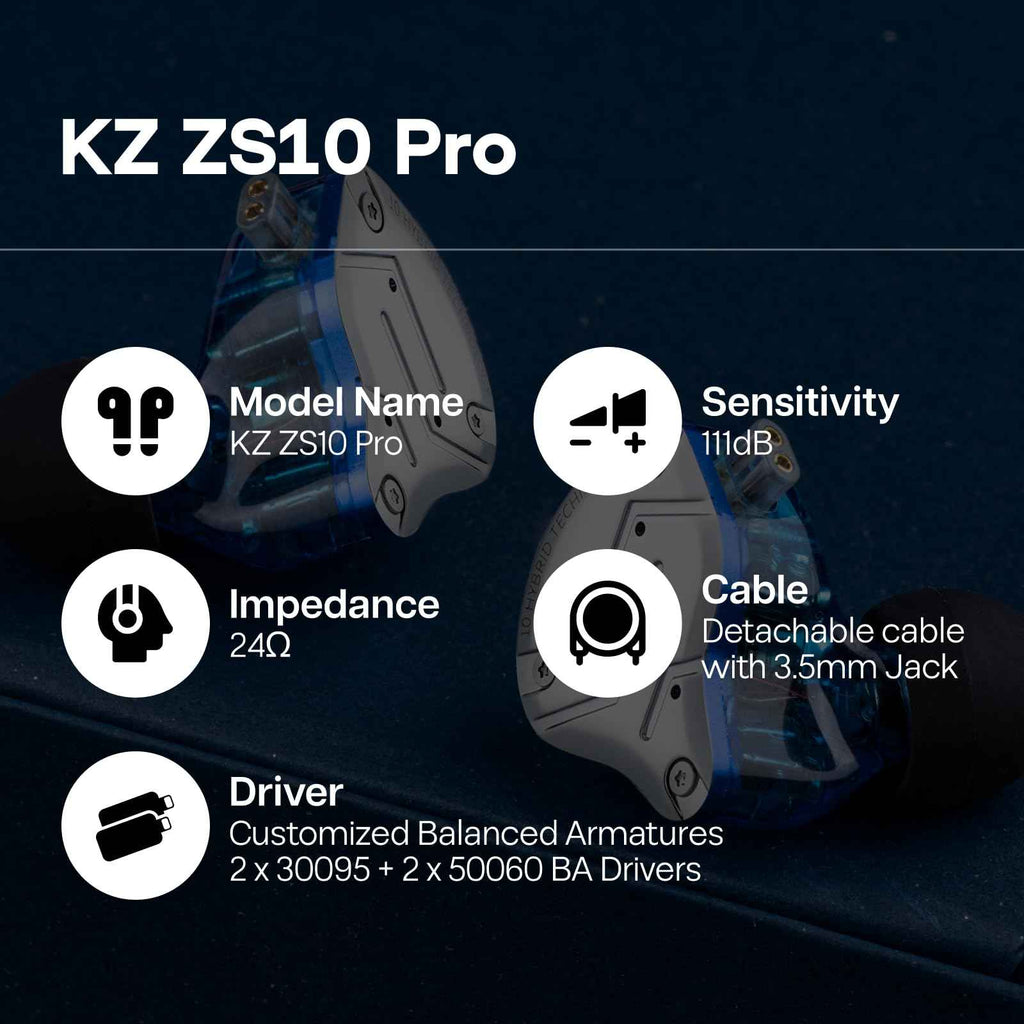 Linsoul KZ ZS10 Pro, 4BA+1DD 5 Driver in Ear Monitor, HiFi Wired Earbuds, Gaming Earbuds, Hybrid IEM Earphones with Stainless Steel Faceplate, Detachable Cable for Musician(Without Mic, Dark Black)