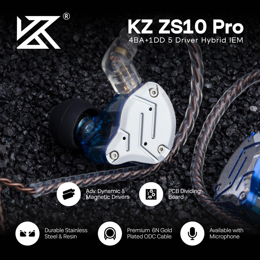 Linsoul KZ ZS10 Pro, 4BA+1DD 5 Driver in Ear Monitor, HiFi Wired Earbuds, Gaming Earbuds, Hybrid IEM Earphones with Stainless Steel Faceplate, Detachable Cable for Musician(Without Mic, Dark Black)