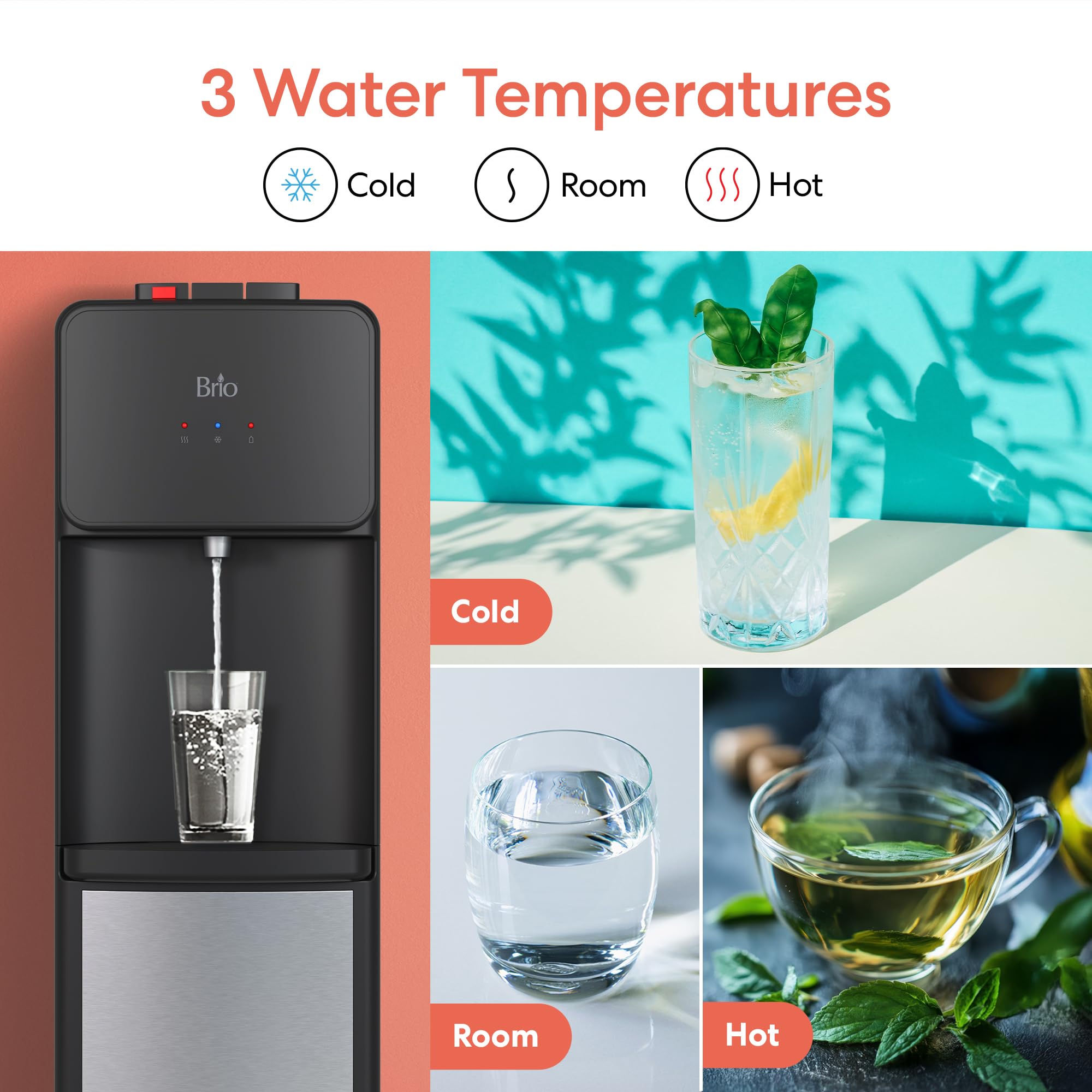 Brio 130 Series Top-Load Water Cooler Dispenser for 3- and 5-Gallon Bottles, Hot & Cold, Spill-Free Loading, Child Safety Lock, Energy Star 3.0, Black