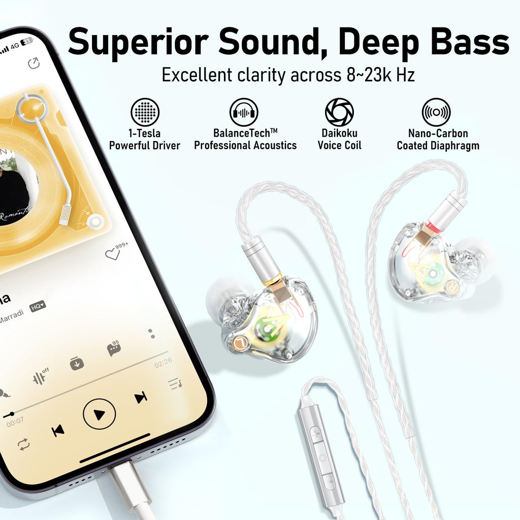 Vibes 202MC USB-C Wired Earbuds - USBC HiFi in Ear Headphones for iPhone 17/16/15 - Noise Isolating Ear Buds w/ Mic - Clear Sound, Deep Bass & Comfort-Fit Earphones - Silver Plated Cord, Carrying Case