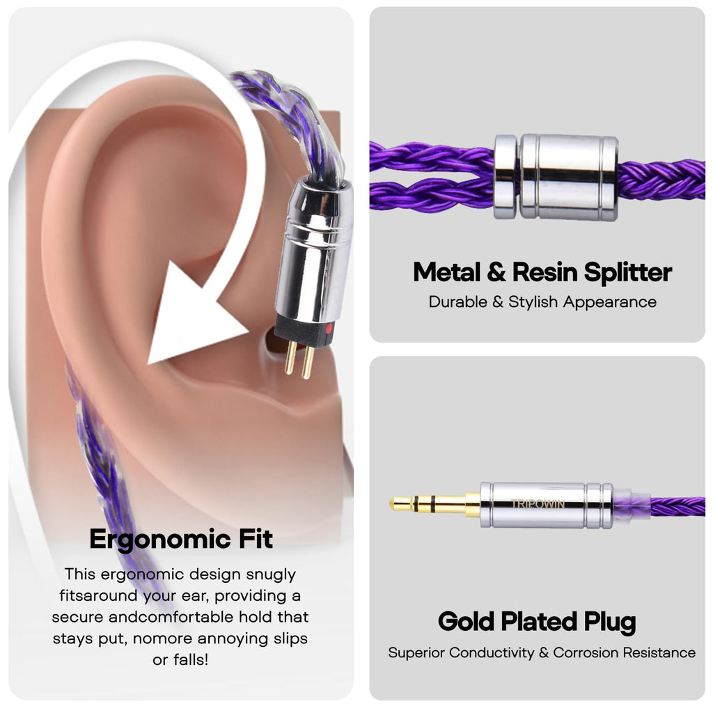 Linsoul Tripowin Zonie IEM Cable, 16 Core Silver Plated Earphone Upgraded Cords, 1.25m SPC in Ear Monitor Cable for 7hz Zero:2 Orchestra Lite Cadenza Hype4 Supermix4(2pin 0.78mm, 4.4mm)(Grey)