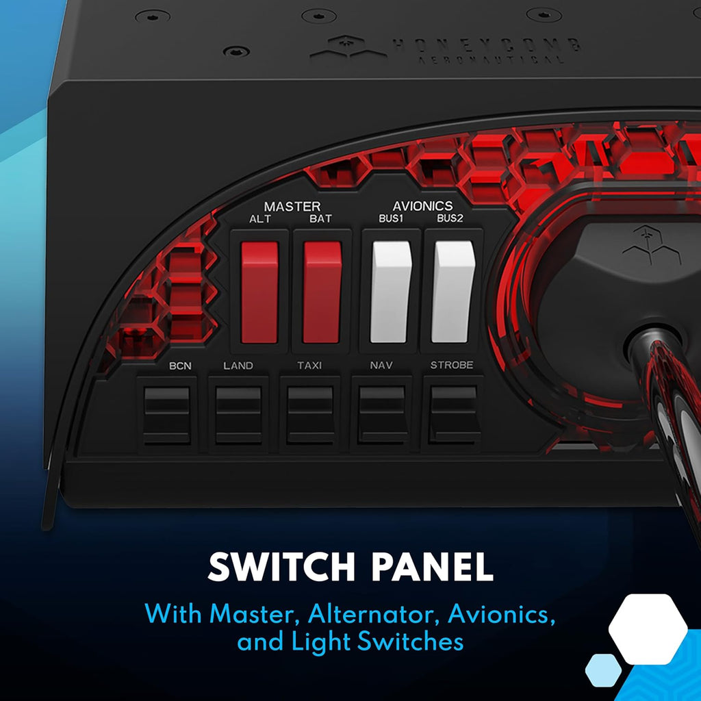 Honeycomb Alpha Flight Controls Yoke & Switch Panel — Flight Simulator Yoke w/ 180° Rotation, Steel Shaft, Ignition Switch, Fully-Equipped Handles, Dual Mounting — Compatible w/PC & Mac