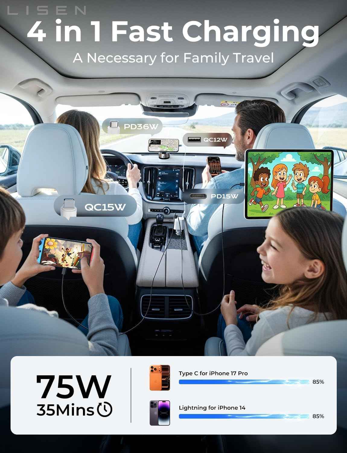 LISEN Retractable Car Charger, Gifts for Mothers Day 2026, 84W Car Charger USB C Fast Charge, Gifts for Mom Dad Him Her, Travel Essentials Car Accessories for Men Women Gifts for iPhone 17 16 15 14 13