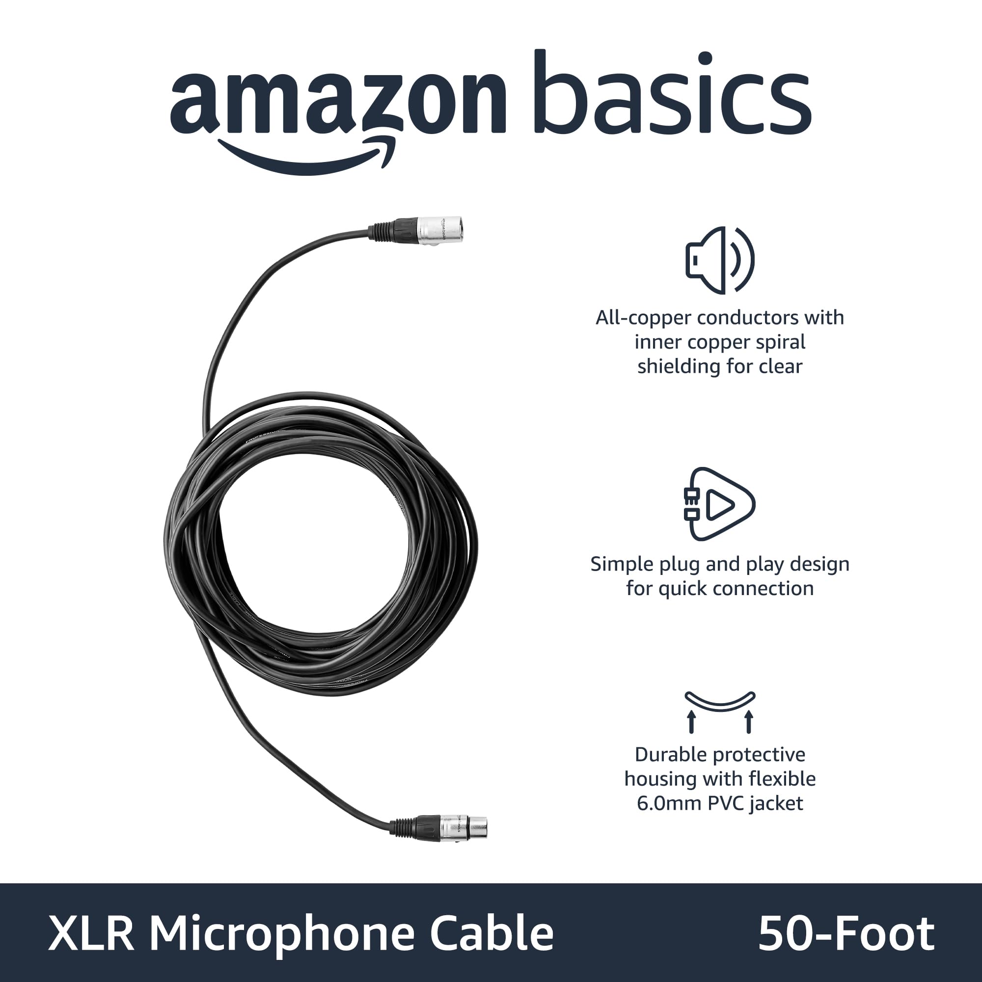 Amazon Basics XLR Male to Female Microphone Cable for Speaker or PA System, Recording Studio, All Copper Conductors, Low Noise Shielding, 6MM PVC Jacket, 6 Foot, Black