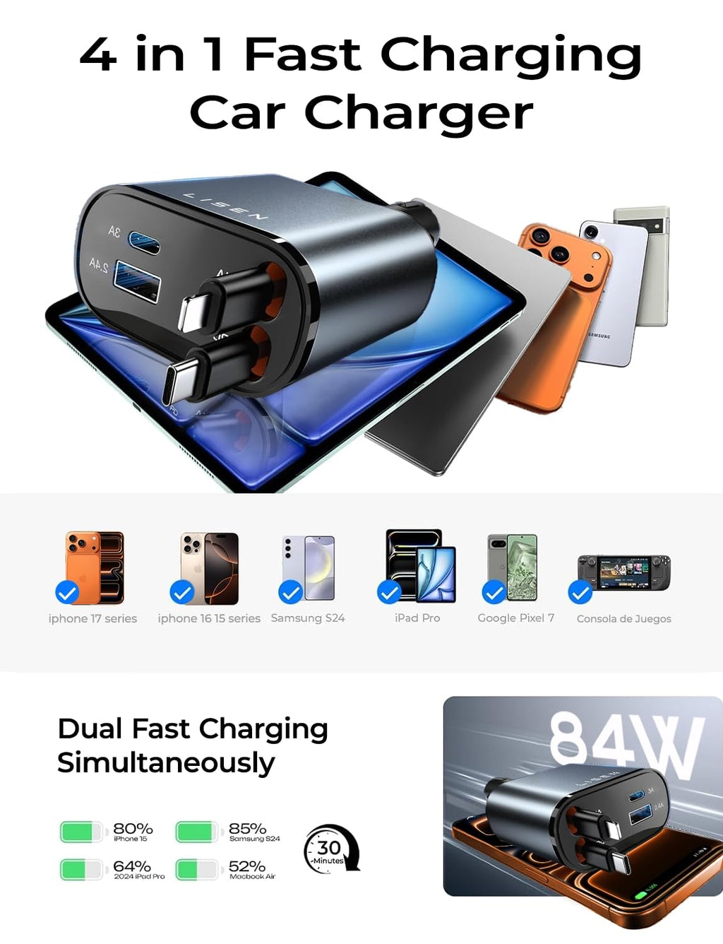 LISEN Retractable Car Charger, Gifts for Mothers Day 2026, 84W Car Charger USB C Fast Charge, Gifts for Mom Dad Him Her, Travel Essentials Car Accessories for Men Women Gifts for iPhone 17 16 15 14 13