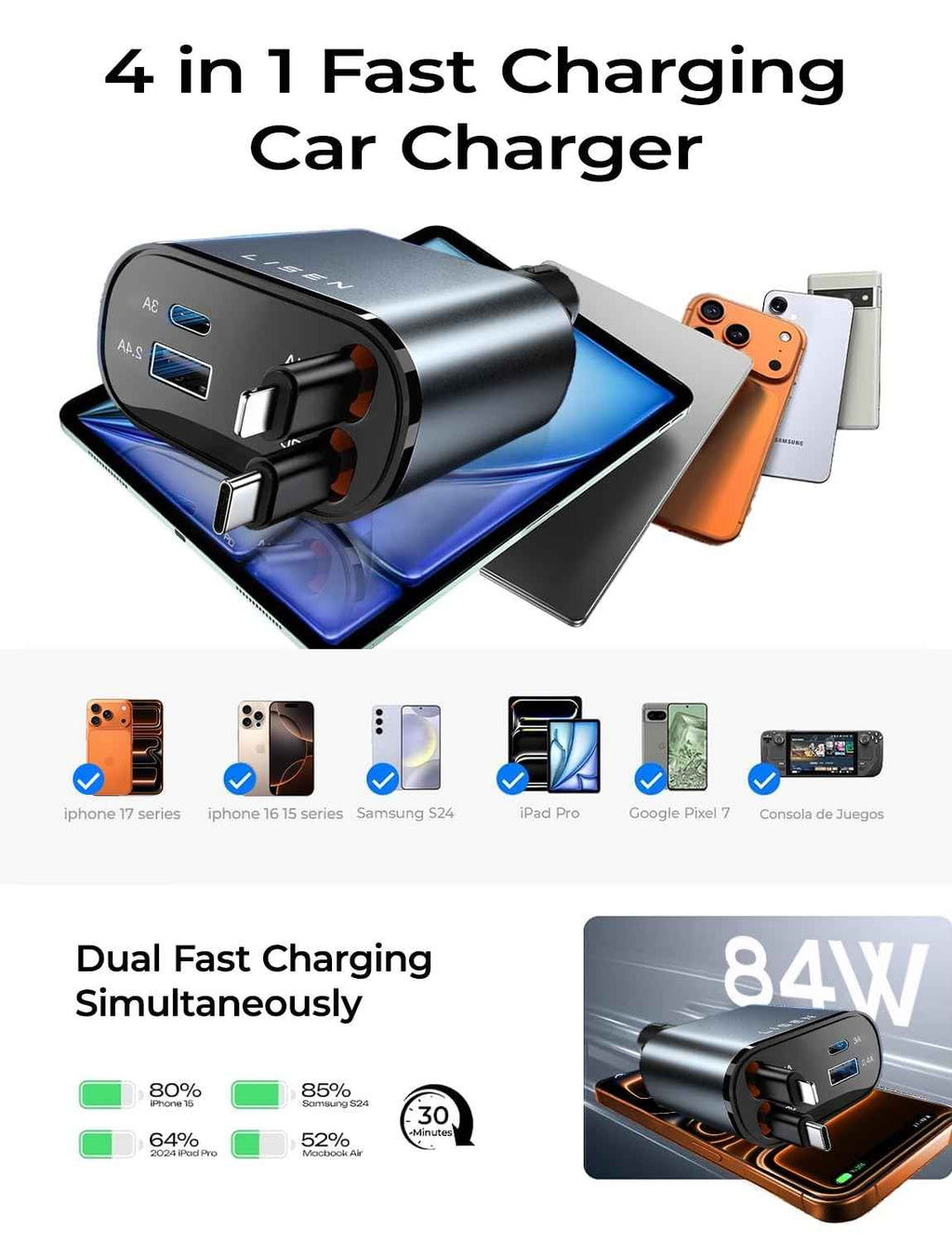 LISEN Retractable Car Charger, Gifts for Mothers Day 2026, 84W Car Charger USB C Fast Charge, Gifts for Mom Dad Him Her, Travel Essentials Car Accessories for Men Women Gifts for iPhone 17 16 15 14 13