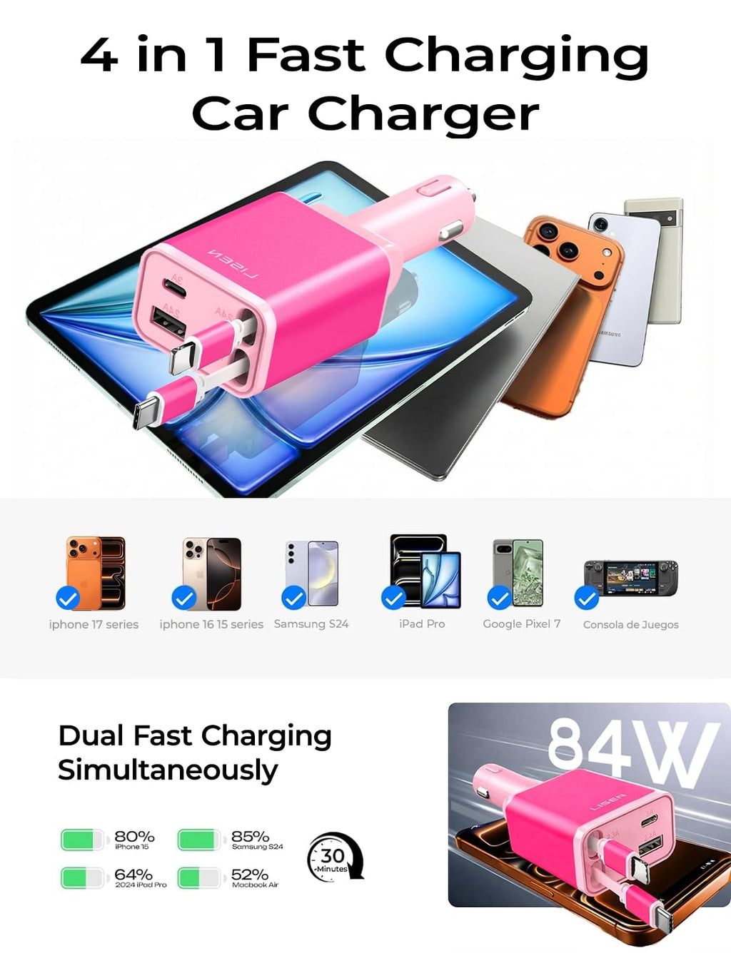 LISEN Retractable Car Charger, Gifts for Mothers Day 2026, 84W Car Charger USB C Fast Charge, Gifts for Mom Dad Him Her, Travel Essentials Car Accessories for Men Women Gifts for iPhone 17 16 15 14 13