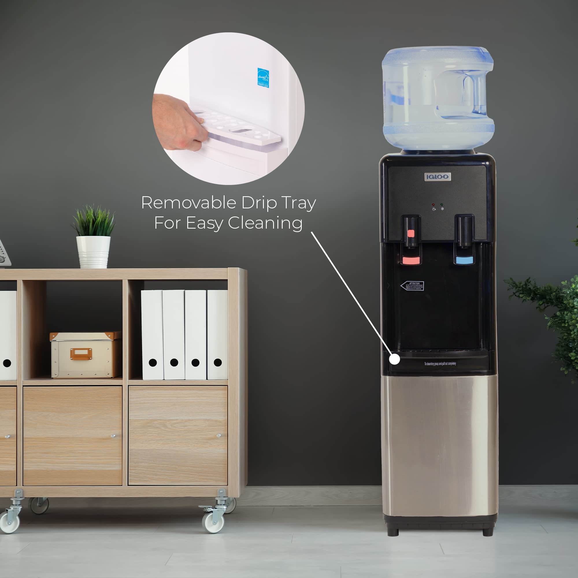 Igloo Top Loading Water Cooler with Removable Drip Tray & Energy-Saving Features- Water Tower with Hot & Cold Temperature Settings- Water Dispenser Fits 3 & 5-Gallon Jugs with Child Safety Lock- White
