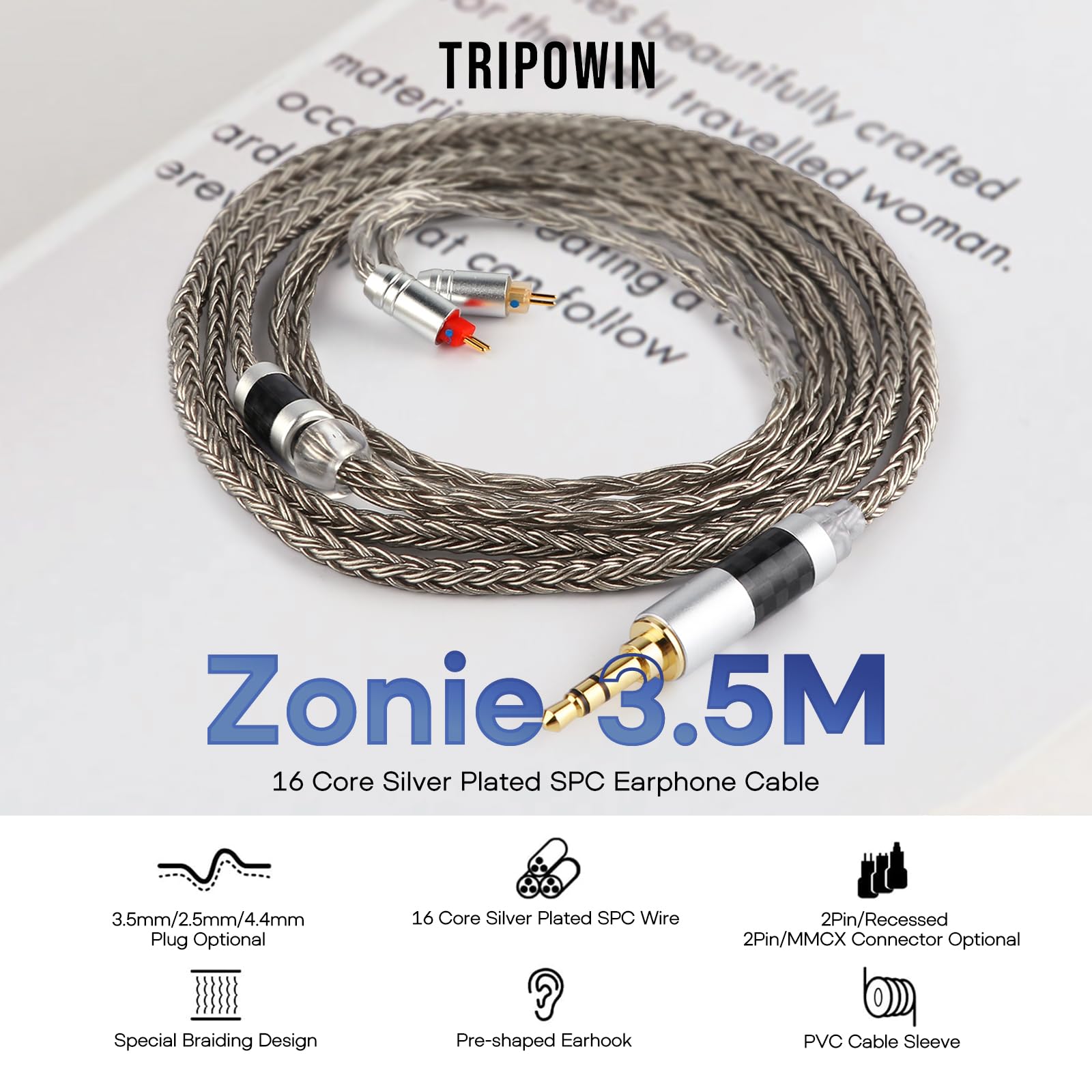 Linsoul Tripowin Zonie IEM Cable, 16 Core Silver Plated Earphone Upgraded Cords, 1.25m SPC in Ear Monitor Cable for 7hz Zero:2 Orchestra Lite Cadenza Hype4 Supermix4(2pin 0.78mm, 4.4mm)(Grey)