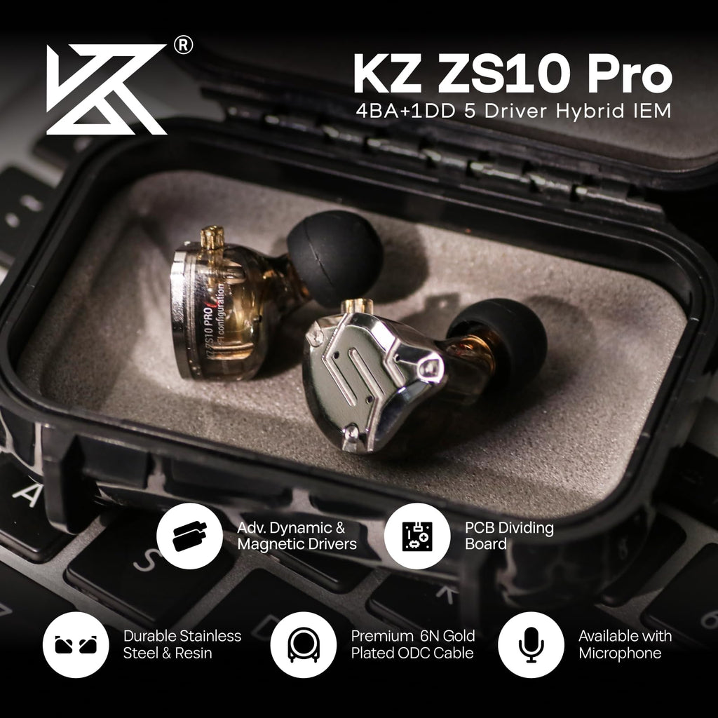 Linsoul KZ ZS10 Pro, 4BA+1DD 5 Driver in Ear Monitor, HiFi Wired Earbuds, Gaming Earbuds, Hybrid IEM Earphones with Stainless Steel Faceplate, Detachable Cable for Musician(Without Mic, Dark Black)