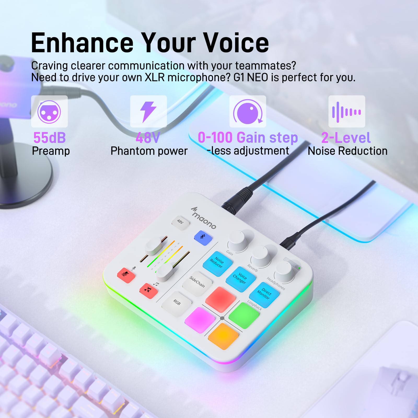 MAONO Gaming Audio Mixer, Audio Interface with Pro-preamp, RGB, Bluetooth, 48V Phantom Power for Live Streaming, Podcasting, Content Create, Gaming MaonoCaster G1 NEO (Not for USB Mic)