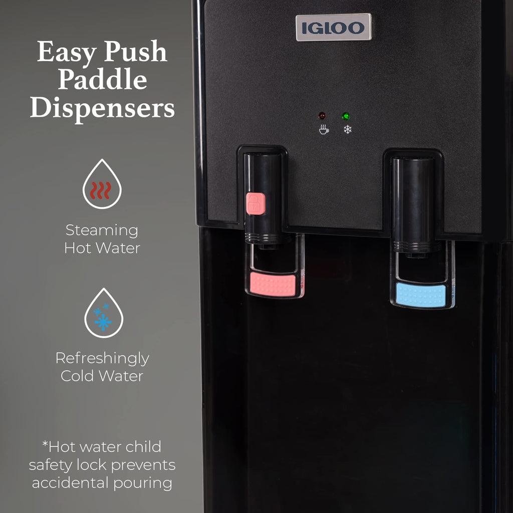 Igloo Top Loading Water Cooler with Removable Drip Tray & Energy-Saving Features- Water Tower with Hot & Cold Temperature Settings- Water Dispenser Fits 3 & 5-Gallon Jugs with Child Safety Lock- White