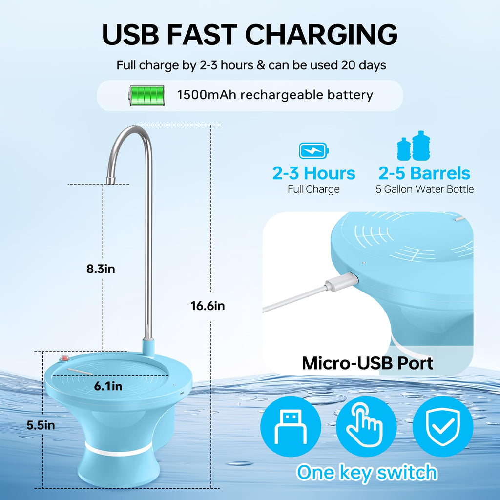 Water Dispenser for 5 Gallon Bottle, Electric Drinking Water Bottle Pump for 2-5 Gallon Jugs, USB Rechargeable Water Pump with 2 Switch Control for Home, Office, Camping