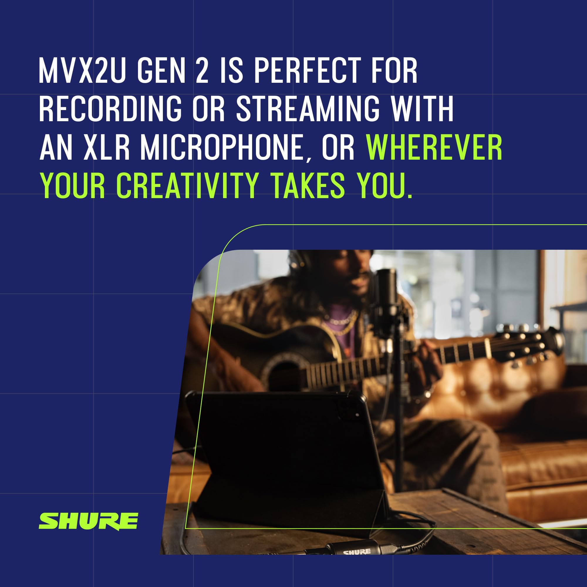 Shure MVX2U Gen 2 XLR-to-USB-C Digital Audio Interface, Apple MFi Certified, Portable Setup for Audio Processing, Noise-Free Recording Between XLR and USB-C Devices