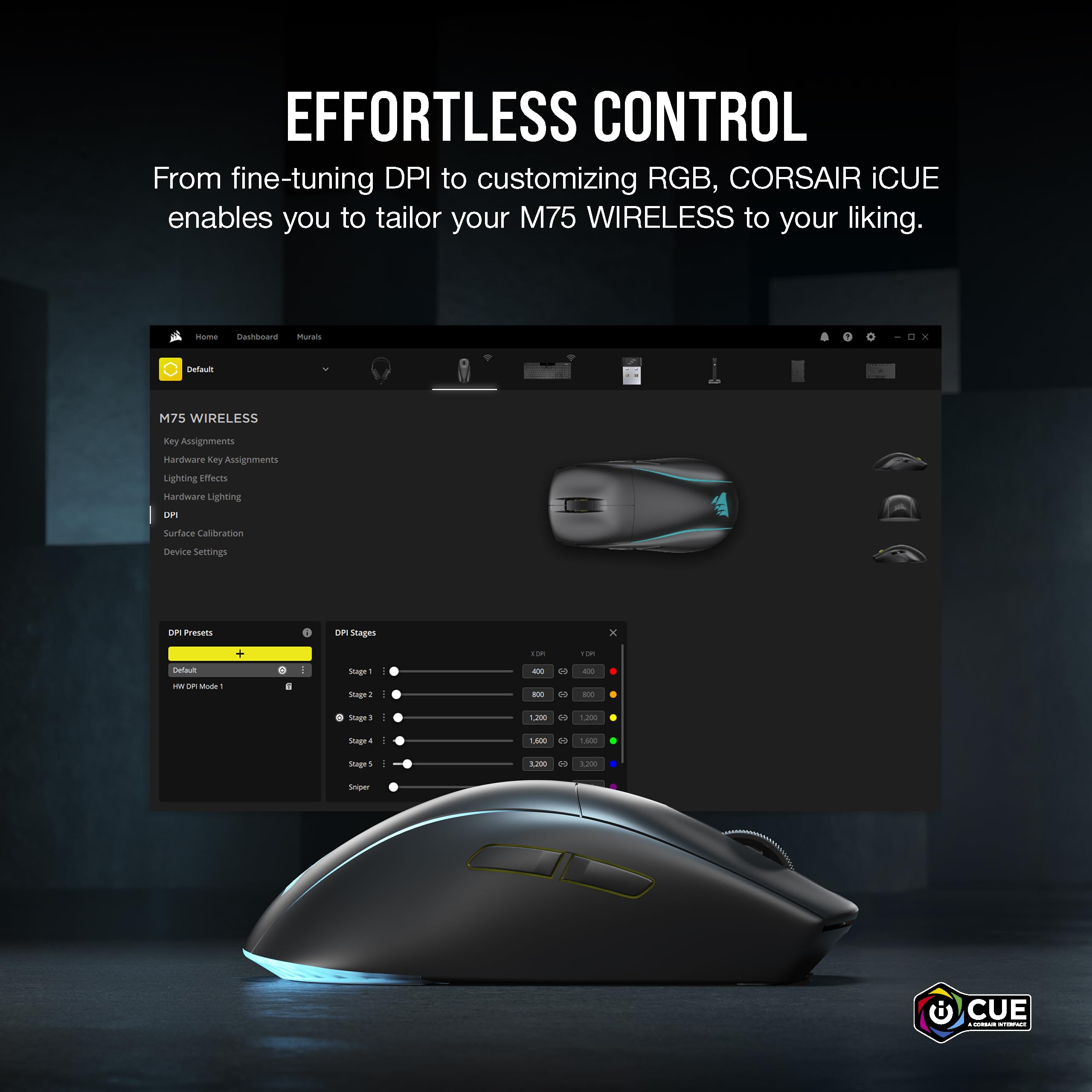 Corsair M75 Wireless Gaming Mouse - 26,000 DPI, Lightweight FPS Design, Swappable Side Buttons, iCUE Compatible, Black