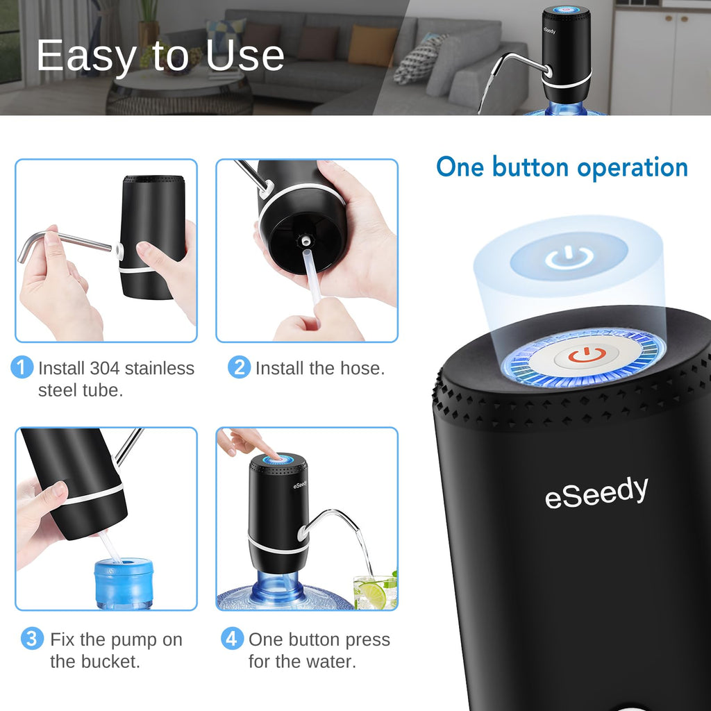 Water Pump for 5 Gallon Bottle, USB Charging Automatic Water Dispenser with Rechargeable Battery, Portable Electric Drinking Water Jug Pump for Home, Kitchen, Living Room, Office, Camping - Black