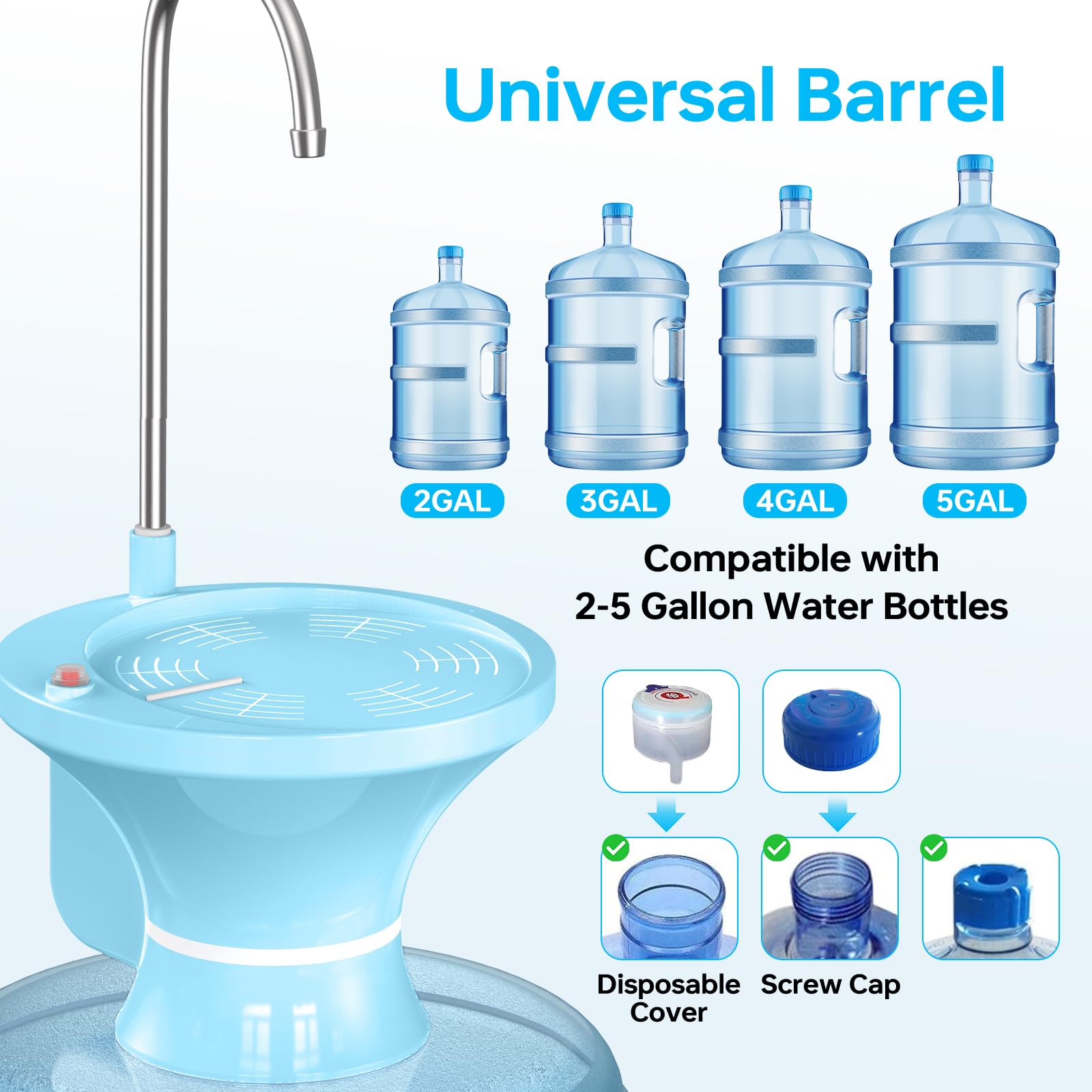 Water Dispenser for 5 Gallon Bottle, Electric Drinking Water Bottle Pump for 2-5 Gallon Jugs, USB Rechargeable Water Pump with 2 Switch Control for Home, Office, Camping