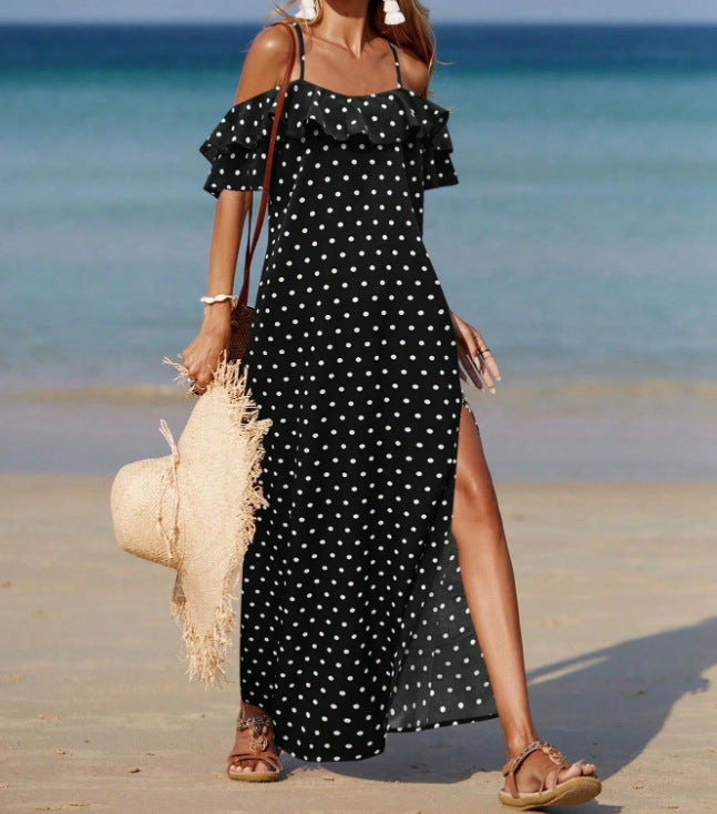 Summer Off-the-Shoulder French-style Polka Dot Dress For Women