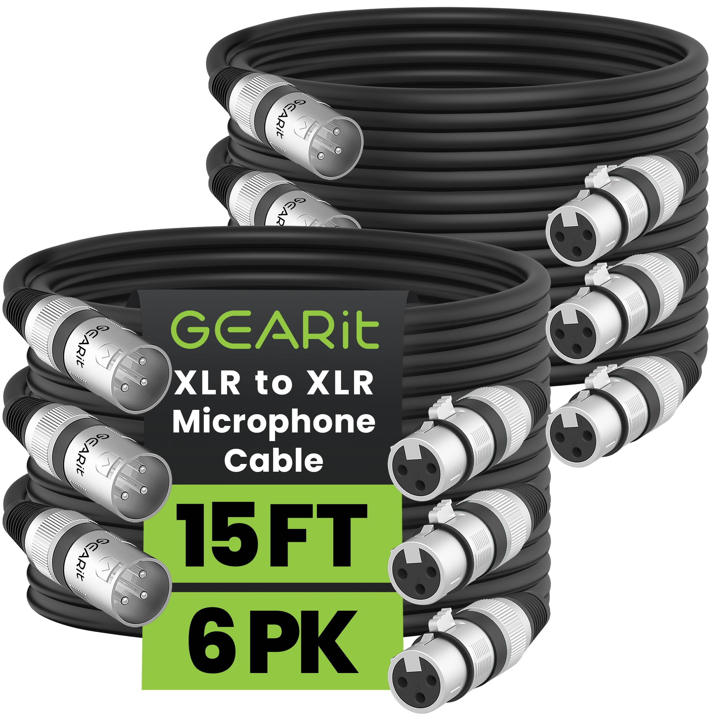 GEARit XLR Cables 20 ft 6 Pack, XLR Male to Female Microphone Cable, Balanced Shielded Mic Cable with Copper Conductors for Recording Studio, Podcast Setup, Stage Audio, Live Sound