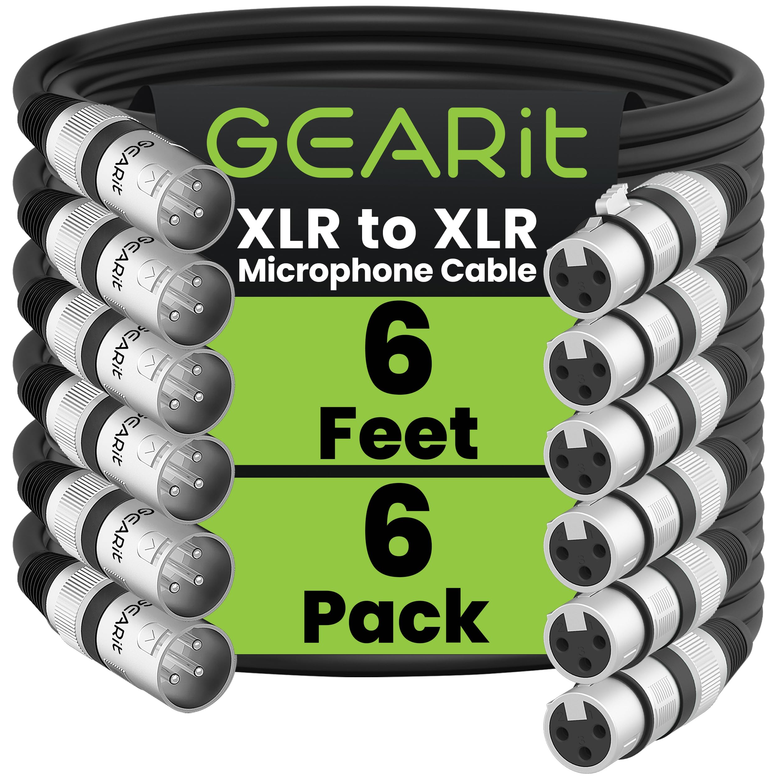 GEARit XLR Cables 20 ft 6 Pack, XLR Male to Female Microphone Cable, Balanced Shielded Mic Cable with Copper Conductors for Recording Studio, Podcast Setup, Stage Audio, Live Sound
