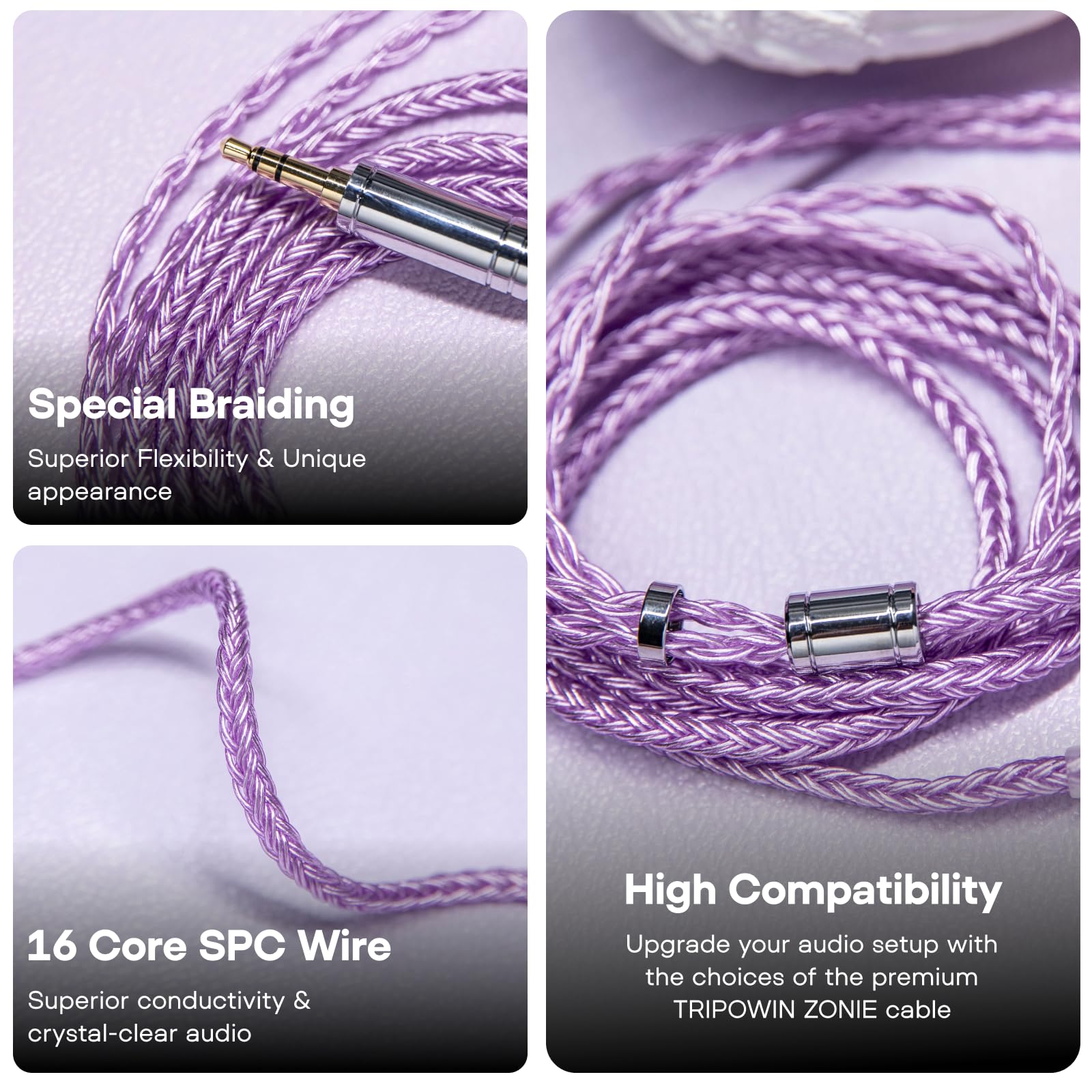 Linsoul Tripowin Zonie IEM Cable, 16 Core Silver Plated Earphone Upgraded Cords, 1.25m SPC in Ear Monitor Cable for 7hz Zero:2 Orchestra Lite Cadenza Hype4 Supermix4(2pin 0.78mm, 3.5mm)(Violet)