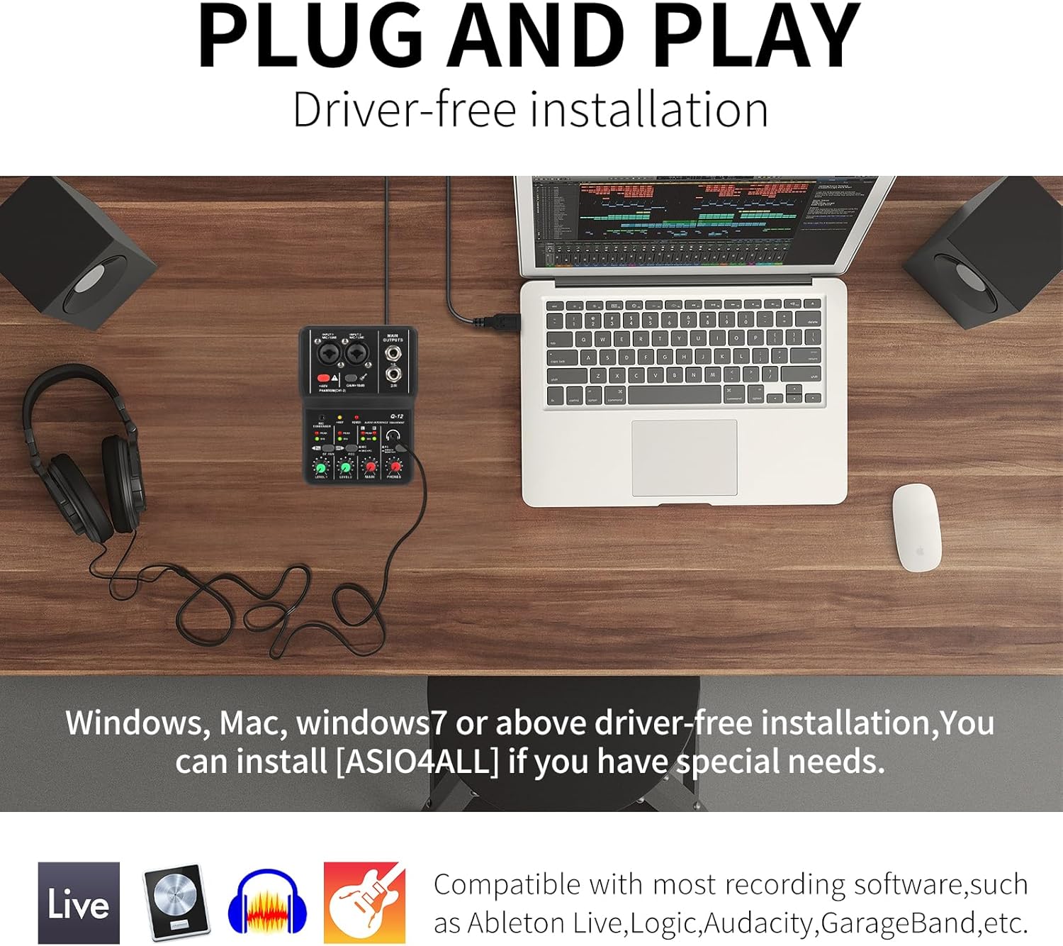 XTUGA USB Audio Interface for PC,Interface for Recording Music Computer Recording Audio Interface XLR with 3.55m Microphone Jack, USB Sound Card for Recording Studio, Ultra-low Latency Plug&Play, Q-12
