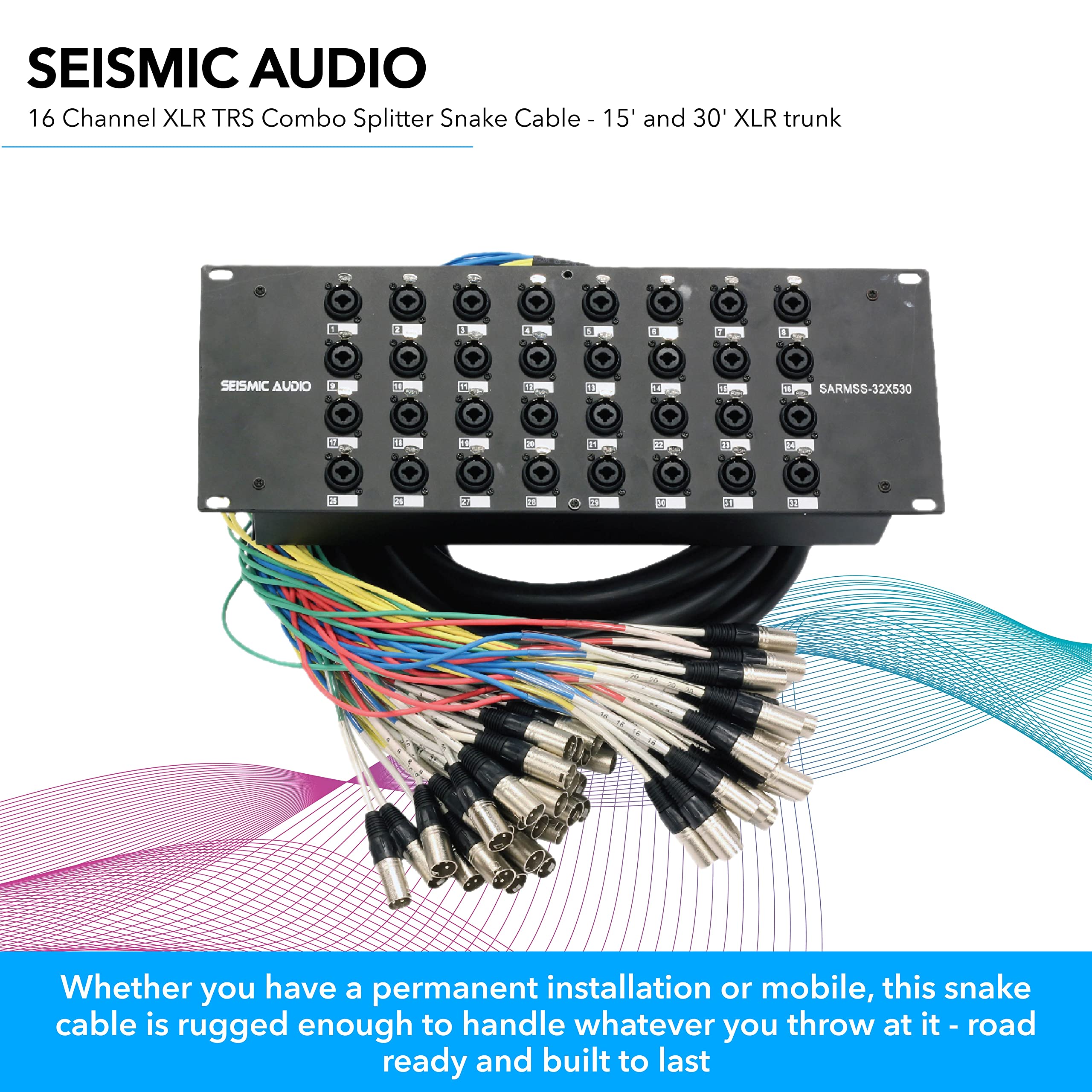 Seismic Audio SARMSS-16x515 Rack Mount 16 Channel XLR TRS Combo Splitter Snake Cable - 5' & 15' XLR trunks