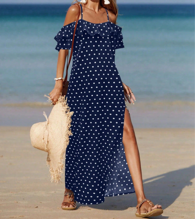 Summer Off-the-Shoulder French-style Polka Dot Dress For Women